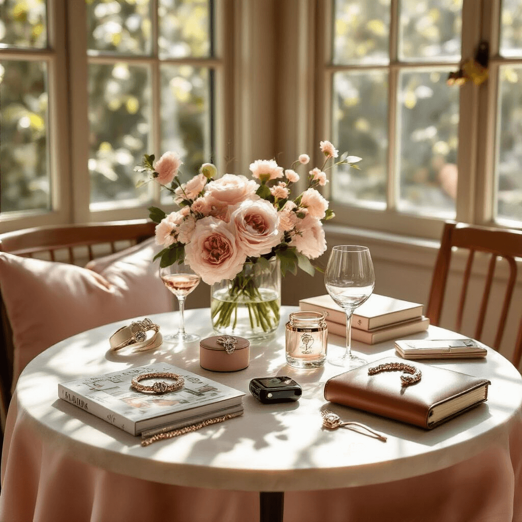 Intimate dining nook set for two, featuring a small round table adorned with luxury anniversary gifts, blush pink and cream florals, and personalized elements, all illuminated by midday sun filtering through windows.