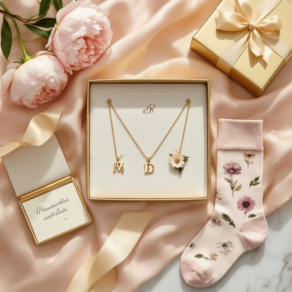 Overhead flat lay of a personalized jewelry gift display featuring custom initial necklaces, birth flower jewelry, and photo socks on silk blush pink fabric, surrounded by gold gift boxes, handwritten notes, and fresh peonies, with gentle morning light and cream ribbon details.
