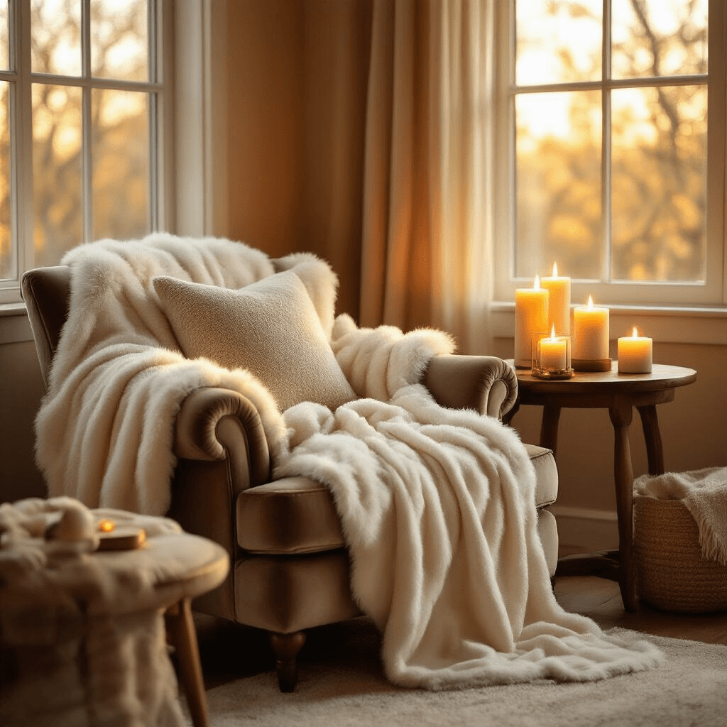 Cozy living room corner with golden hour light, featuring a velvet armchair draped with a faux fur throw, flickering candles on a wooden side table, and a marshmallow wrap robe hanging nearby, all in warm amber and cream tones for a hygge atmosphere.