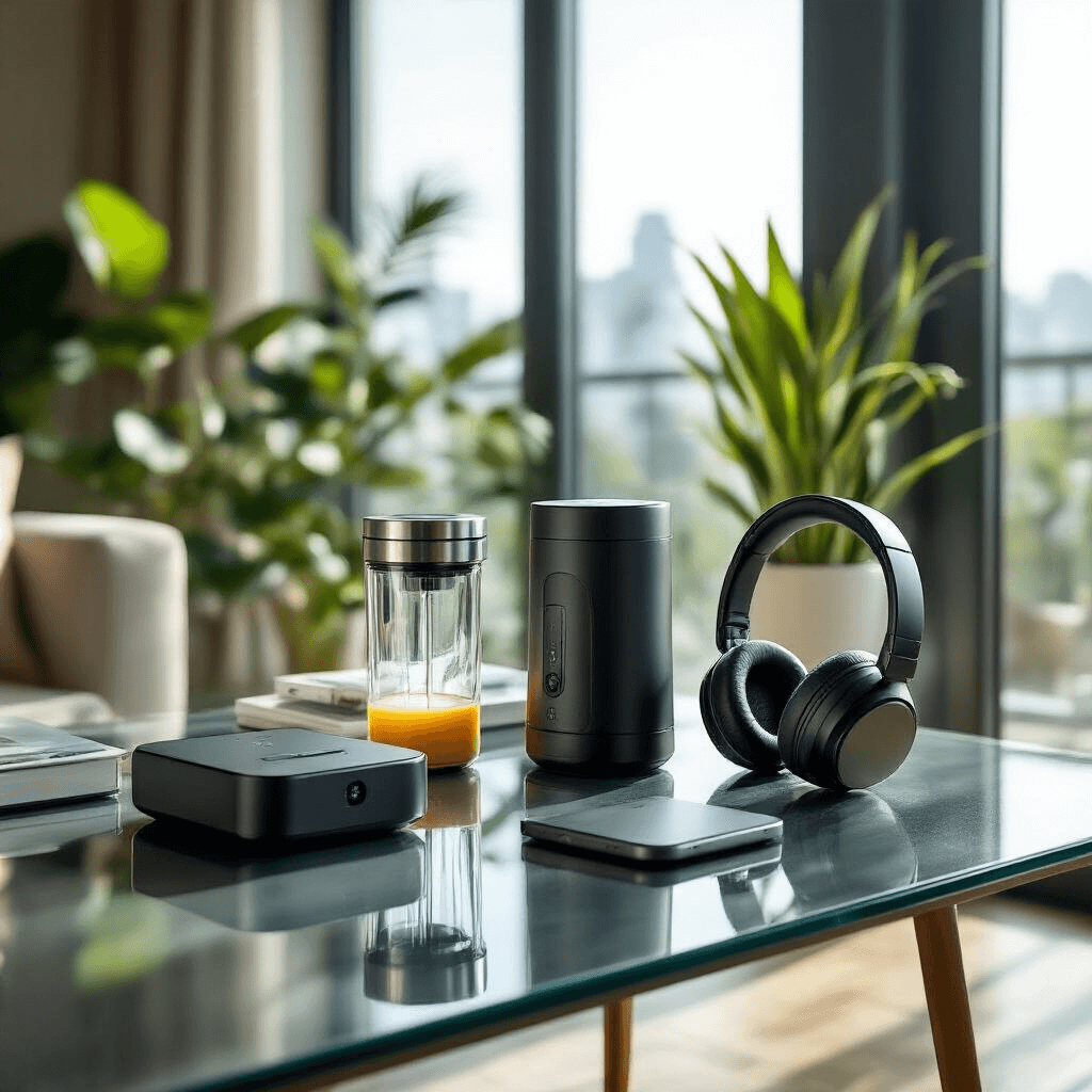 A modern apartment interior featuring tech gifts like portable drink makers, Bluetooth headphones, and an instant photo printer on a sleek glass table, illuminated by midday sun streaming through floor-to-ceiling windows, with contemporary styling, metallic accents, and sage green plants for organic texture.