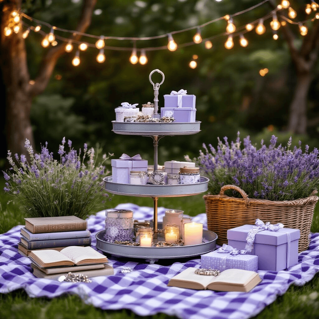 A charming backyard picnic setup featuring a tiered display cart filled with Etsy treasures, charm bracelets, and gift boxes on a checkered blanket, illuminated by string lights overhead. The scene showcases a lavender and silver color palette with fresh wildflowers, vintage books, and personalized items, creating a whimsical atmosphere celebrating friendship.