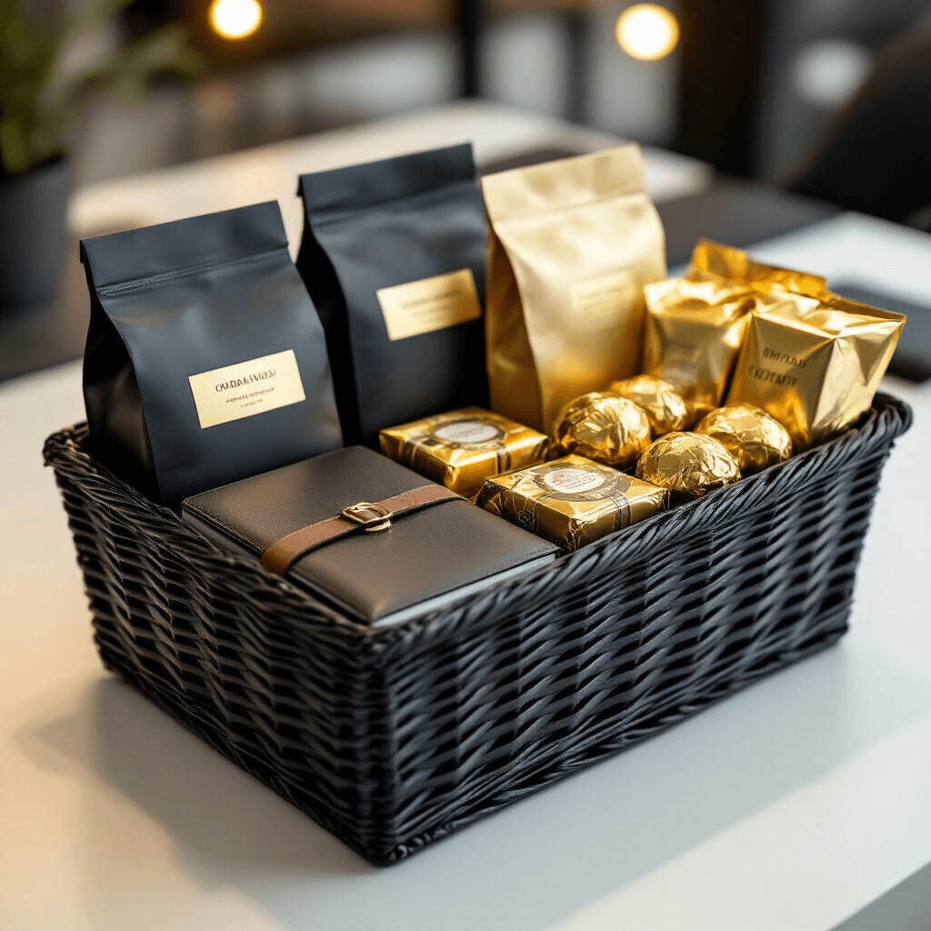 Close-up of a corporate thank you basket on a sleek office desk, featuring premium coffee bags, leather-bound notebooks, and gold-wrapped gourmet snacks in a charcoal wicker basket, highlighted by soft LED lighting.