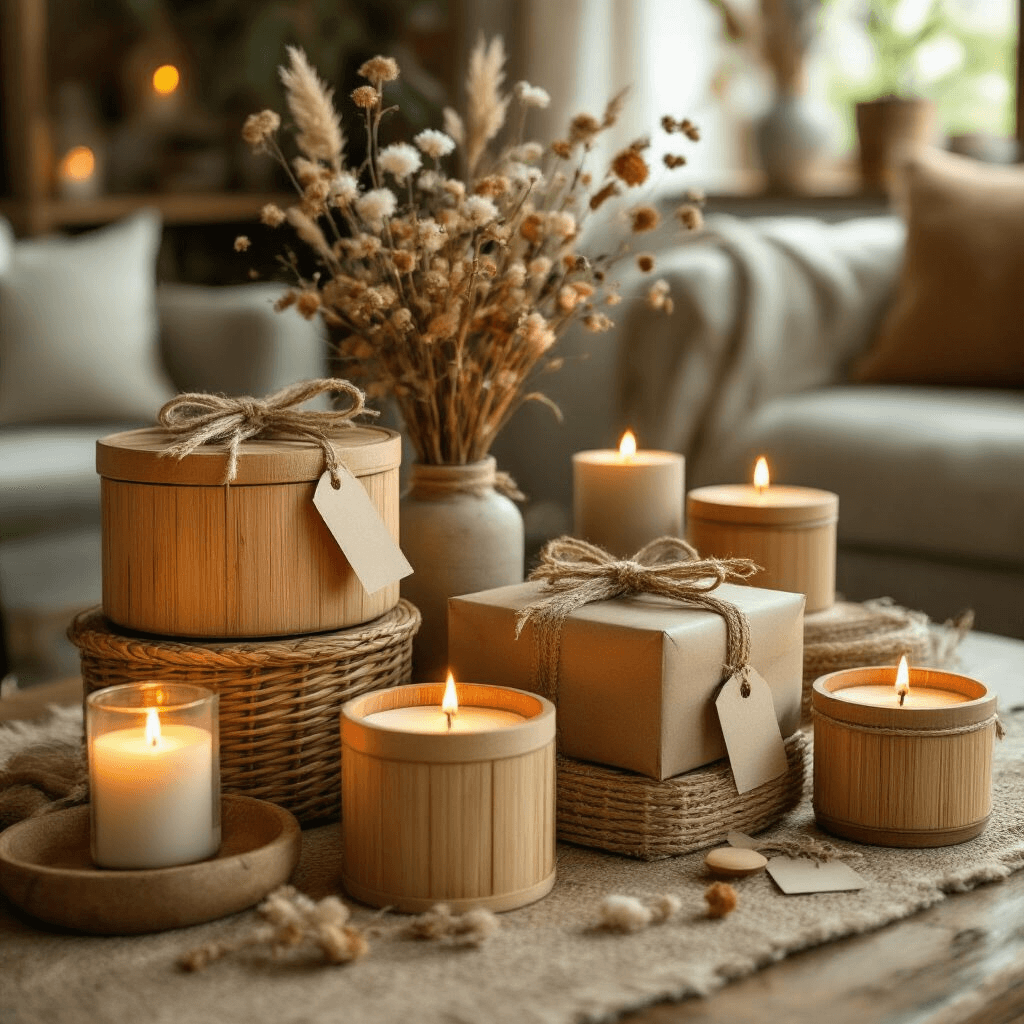 A cozy living room scene illuminated by warm amber candlelight, featuring a sustainable gift basket being assembled with eco-friendly bamboo containers, kraft paper, jute ribbons, and adorned with dried flowers and handwritten tags in earthy tones.