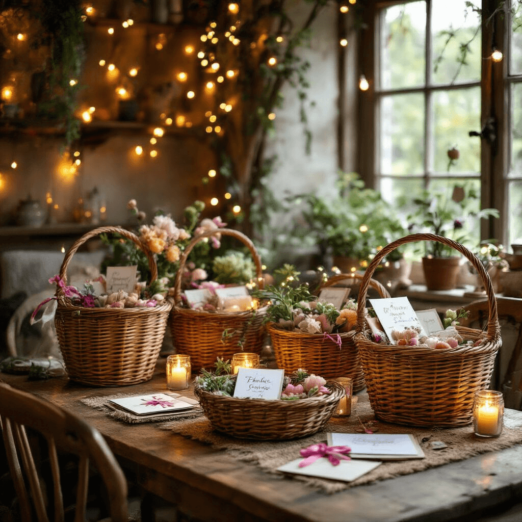 A cozy dining nook adorned with fairy lights, featuring a vintage wooden table set with multiple styled baskets, layered textiles, handmade cards, and colorful ribbons, creating a whimsical and inviting atmosphere for personalized gifting.