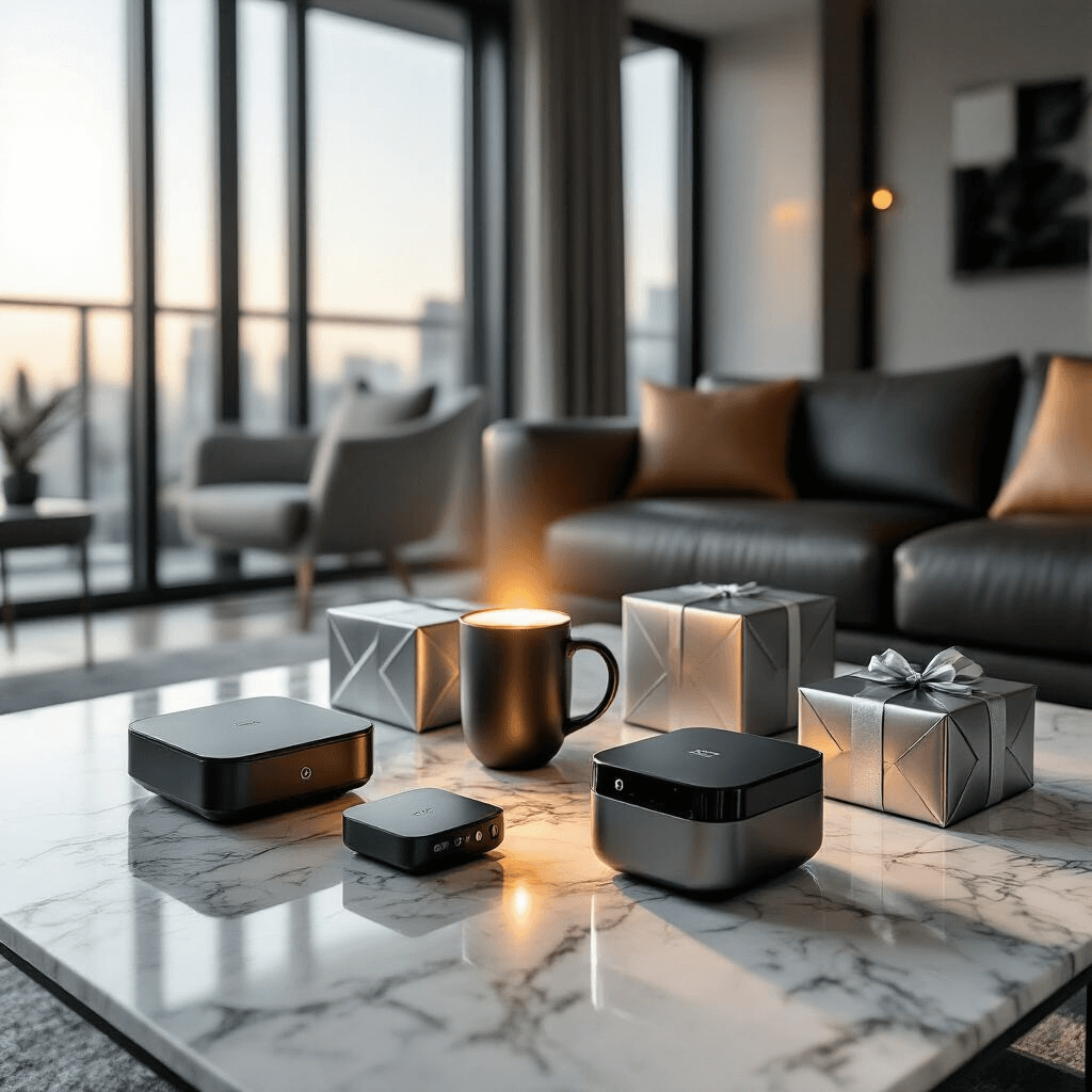 Wide-angle view of a modern apartment living room featuring a sleek tech gift display on a marble coffee table, showcasing wireless gadgets and a smart mug. A mini projector casts warm light, while floor-to-ceiling windows let in soft morning light. The minimalist decor in charcoal and silver tones includes leather furniture and geometric patterns, with gift boxes arranged neatly in metallic wrapping paper against a subtle tech-themed backdrop.