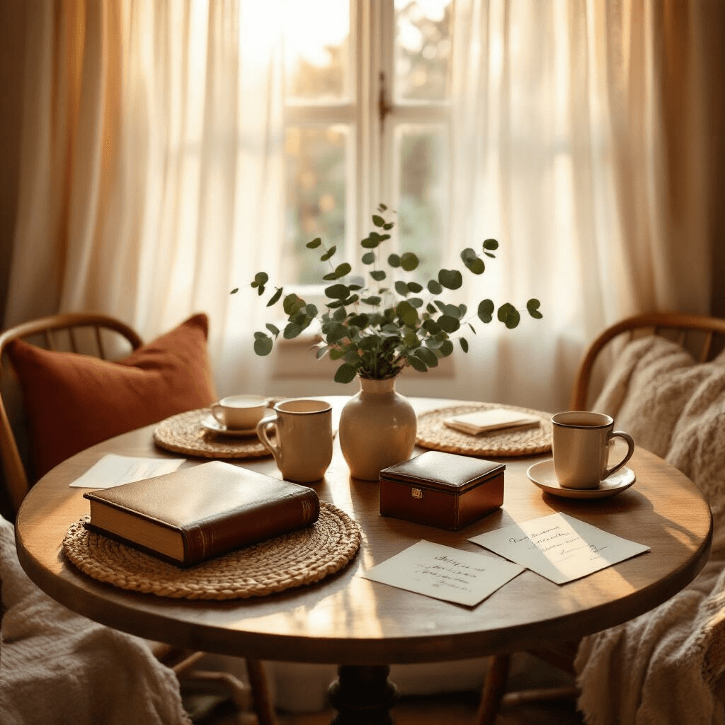 Intimate dining nook illuminated by golden hour light, featuring a round wooden table adorned with a leather-bound book, custom wallet, and vintage-style memory box. A fresh eucalyptus centerpiece and scattered handwritten notes complement the warm cream and terracotta color palette, while cozy textiles, woven placemats, and ceramic mugs enhance the romantic, candlelit ambiance.