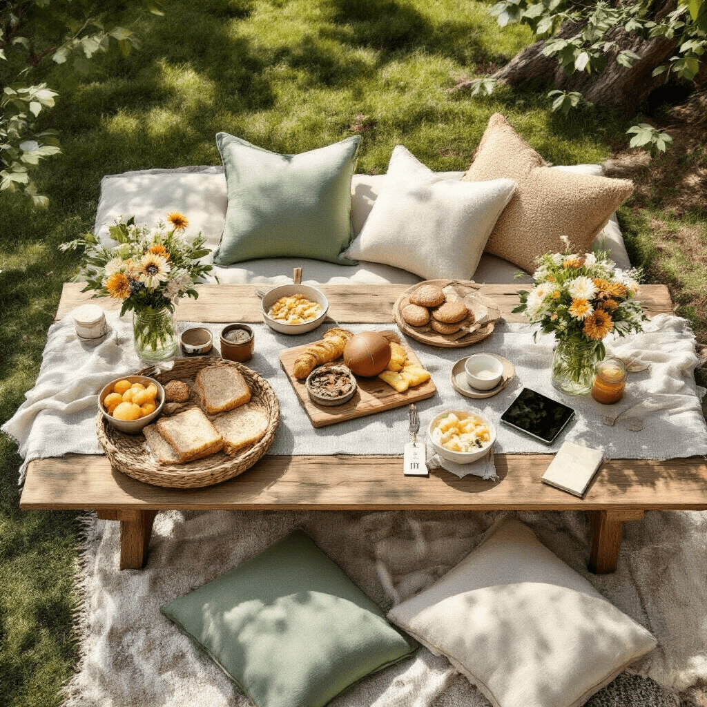 Overhead view of a chic backyard picnic setup featuring a low wooden table adorned with sage and cream floor cushions. Gourmet food, sports accessories, and tech gadgets are organized by category, complemented by natural sunlight, rustic wood, linen napkins, and fresh florals in mason jars. Personalized gifts and custom tags enhance the scene.