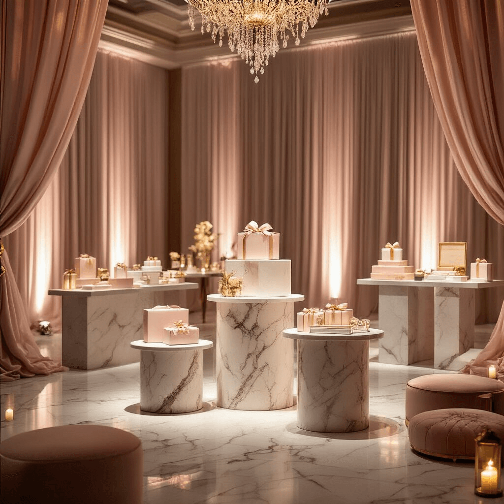 Cinematic shot of an elegant ballroom showcasing luxury gifts on tiered marble displays, adorned with blush pink and gold décor, soft fairy lights, and rich velvet cushions, creating a sophisticated atmosphere with warm glows and dramatic shadows.
