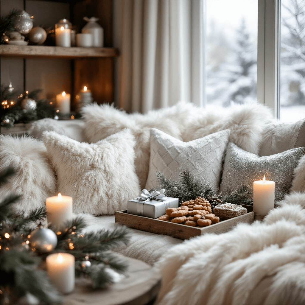 Close-up of a cozy living room corner featuring a winter gift arrangement, plush ivory and silver textiles, faux fur throws, and wooden accents. Portable gadgets and personalized decor sit alongside gourmet treats on rustic shelves, illuminated by soft candlelight. Snow gently falls outside the window, with evergreen sprigs and metallic gift wrap adding a festive touch.