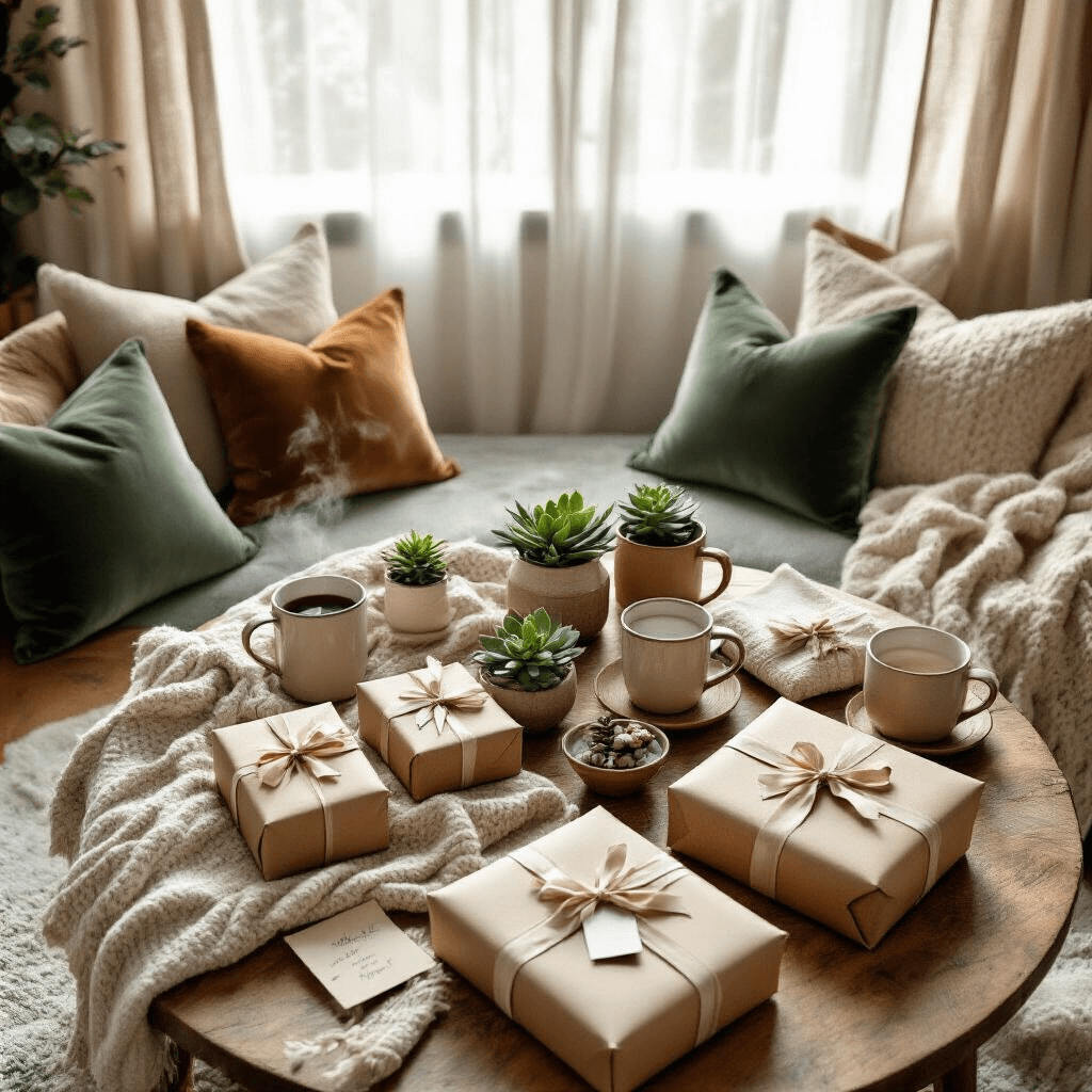 Overhead view of a cozy holiday gift exchange in a living room with soft morning light, featuring a low wooden coffee table surrounded by sage and cream velvet cushions, displaying kraft-wrapped gifts with personalized ribbons, steaming mugs, small succulents, and handwritten notes, with layered chunky knit throws and linen napkins on rustic wood surfaces.