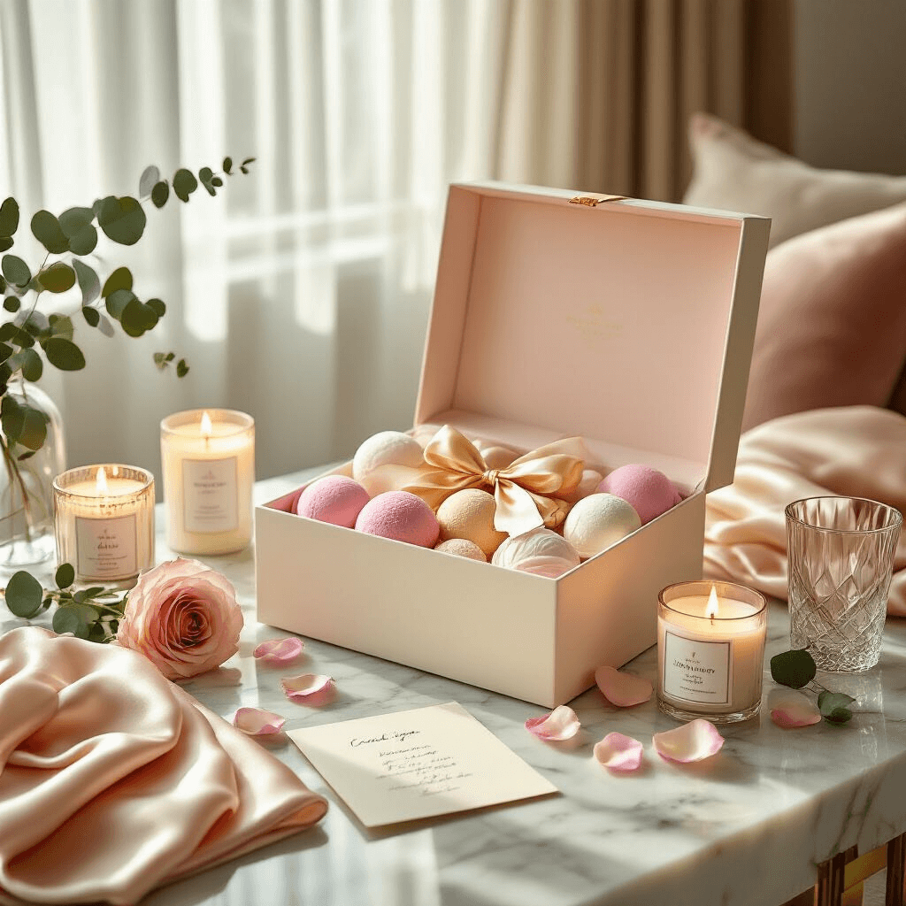 A luxurious self-care gift box overflowing with bath bombs, silk eye masks, and aromatherapy candles is showcased on marble countertops in a bright modern apartment, with soft sunlight illuminating rose petals and eucalyptus sprigs, layered silk scarves, and velvet cushions, evoking spa-like tranquility.