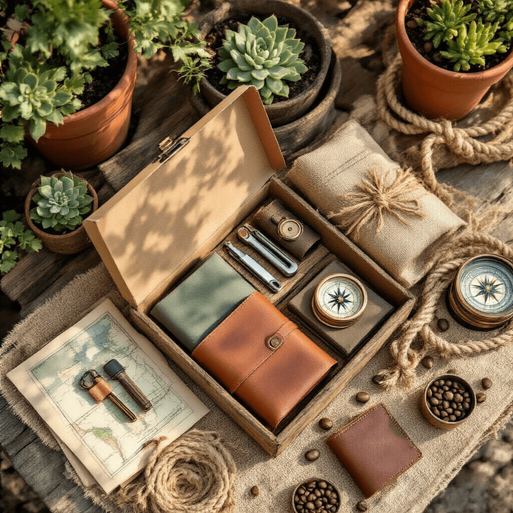Flat lay of an adventure gift box on rustic wood, featuring earth-toned packaging with multi-tools, leather journals, and outdoor gear, surrounded by succulents, vintage maps, and copper accents under warm golden hour lighting.