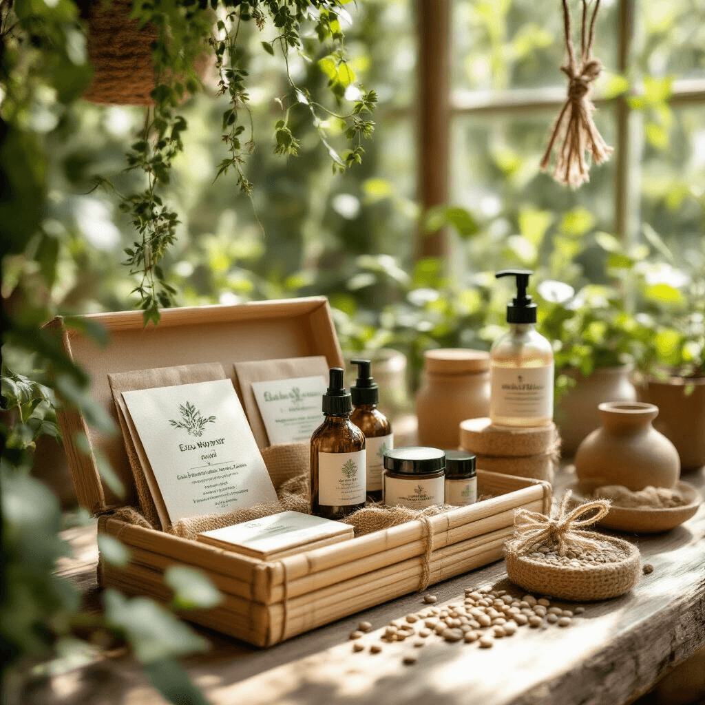 Close-up of an eco-warrior gift set on a live-edge wooden table, featuring bamboo packaging with seed paper cards, reusable bottles, and organic skincare in glass containers, surrounded by dappled sunlight and hanging plants, showcasing textures of burlap, cork, and recycled paper with natural greens and earthy browns.