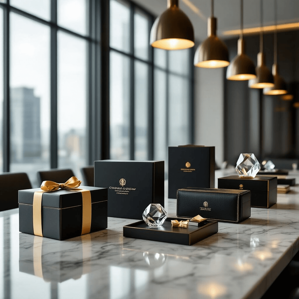 Cinematic view of a modern conference room with elegantly arranged corporate gift boxes in sleek black and gold packaging on polished marble surfaces, illuminated by sophisticated pendant lighting. The display includes branded merchandise, premium leather goods, and crystal awards, emphasizing executive luxury and corporate sophistication with clean lines and ambient lighting.