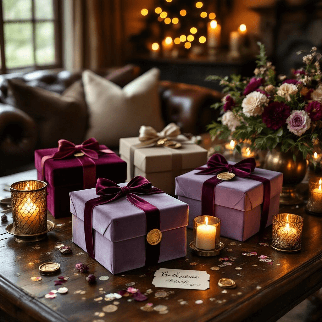 Moody candlelit scene of themed gift boxes with velvet ribbons on a vintage wooden dining table, surrounded by fairy lights, aged leather, brass candle holders, fresh florals, and styled with calligraphy tags and wax seals, creating an intimate and festive ambiance.