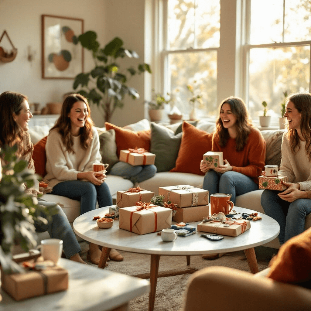 A cozy living room filled with laughter during a white elephant gift exchange, featuring a round coffee table adorned with quirky wrapped gifts, desk dumpster mini trash cans, and pizza cutter saws. The space showcases a cream and sage green color palette, rustic wood furniture, and terracotta velvet cushions, bathed in warm golden hour sunlight. Gift boxes, humorous coffee mugs, and funny socks are scattered across marble side tables, adding to the whimsical and festive atmosphere.