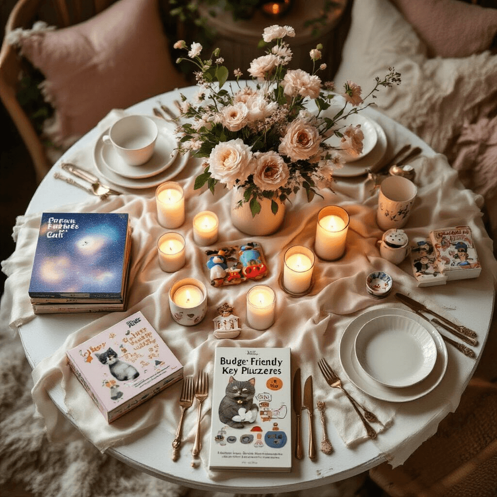 Overhead view of a cozy dining nook featuring a white elephant gift display on a low wooden table, adorned with galaxy cat puzzles, novelty keychains, and joke books. The table is draped with silk ivory linens and decorated in blush pink and cream hues, with fresh floral centerpieces and multiple candle groupings casting a warm glow. Quirky kitchen tools, themed mugs, and pop culture collectibles complement ceramic place settings, creating an intimate and elegant atmosphere.