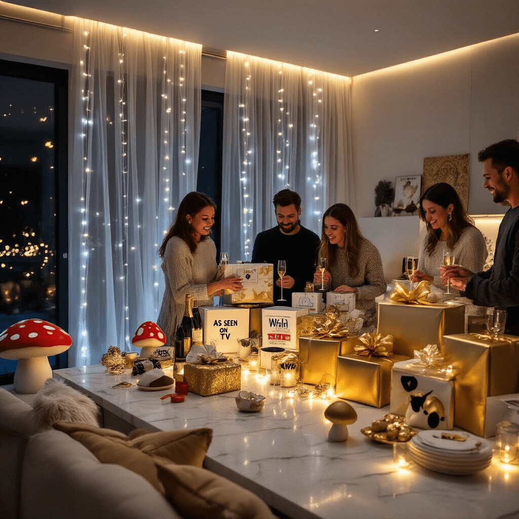 Cinematic view of a modern apartment hosting a whimsical white elephant party, adorned with fairy lights and sleek marble countertops displaying creatively wrapped gifts. Guests mingle with champagne flutes amid contemporary furniture, sheer drapery, and playful decor featuring mushroom throw pillows and cat-themed accents.