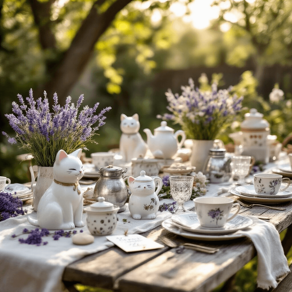 Close-up of a whimsical backyard white elephant gift setup featuring rustic wooden tables with lavender and silver decor, showcasing novelty gifts like cat lady figurines and tea infusers, adorned with fresh garden florals and vintage glassware, all bathed in soft morning light.