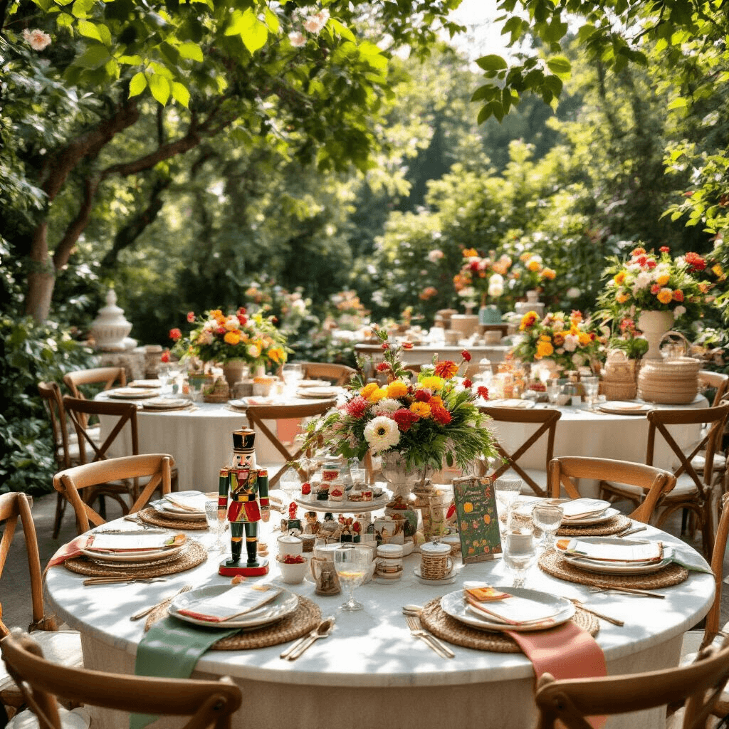 Wide-angle view of a vibrant garden party featuring a white elephant gift exchange, with round marble-topped tables adorned with tiered displays of nutcracker accessories, silly utensils, and comical aprons. The scene is accented by a bold terracotta and sage color palette, fresh florals, and personalized signage. Natural light filters through a leafy canopy, while wooden chairs surround the tables dressed in silk runners and woven placemats. A gift-wrapping station with visible ribbons and tags adds to the grand, festive atmosphere.