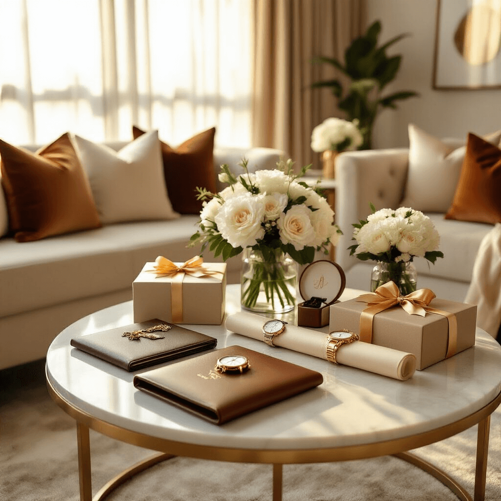 Elegant indoor graduation celebration in a softly-lit modern apartment, featuring a round coffee table adorned with personalized gifts, silk table runners, fresh white florals, and a graduate's cap and diploma, all bathed in warm natural light.