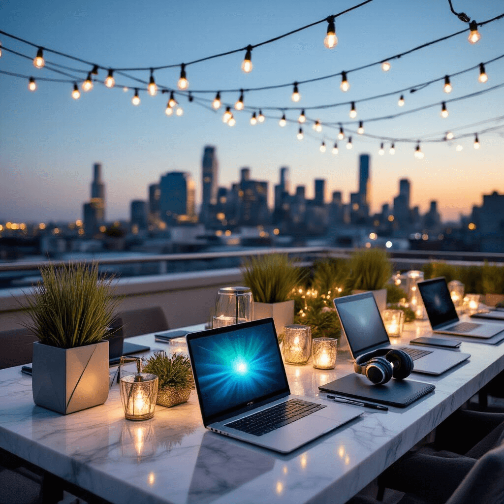 Contemporary rooftop terrace graduation party at dusk featuring sleek tables with high-tech gifts, a sage green and silver color scheme, geometric planters, and urban skyline backdrop illuminated by fairy lights and ambient glow.