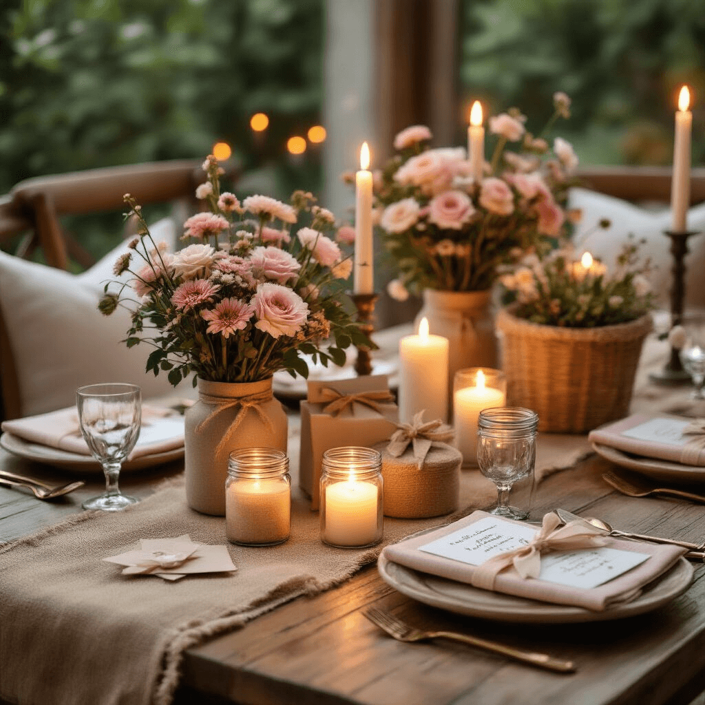 Intimate graduation celebration nook featuring a low wooden table with DIY care packages, photo albums, and handmade gift baskets in blush pink and cream, surrounded by soft candlelight, layered textiles, fresh florals in mason jars, and warm ambient lighting.