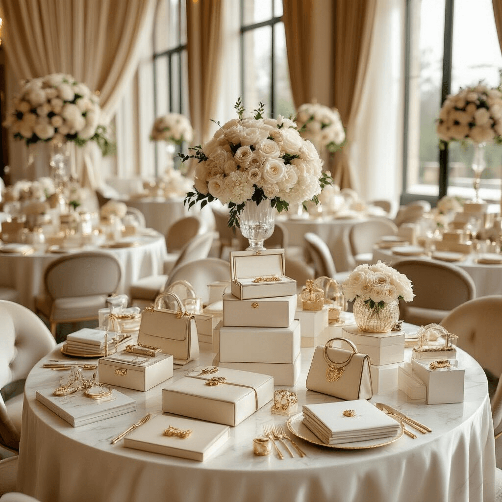 Luxurious indoor ballroom graduation reception with tiered tables displaying designer leather goods, luxury stationery, and high-end accessories under soft morning light, featuring an ivory and gold color palette, silk drapery, crystal accents, floral arrangements, and elegant seating.