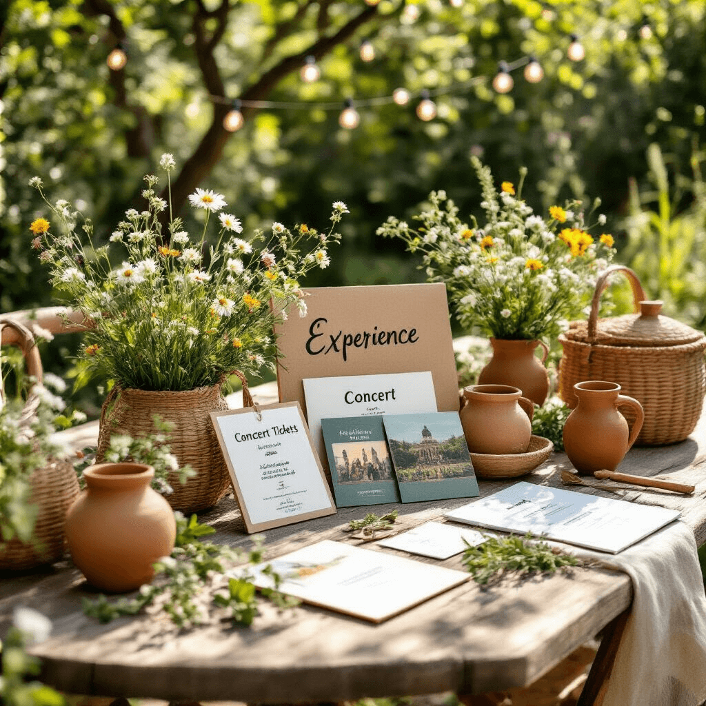 Charming garden graduation gathering featuring rustic tables adorned with travel vouchers, concert tickets, and course certificates, surrounded by fresh greenery and wildflowers under natural midday sunlight, complemented by terracotta and sage decor, string lights, and handmade signage celebrating future adventures.