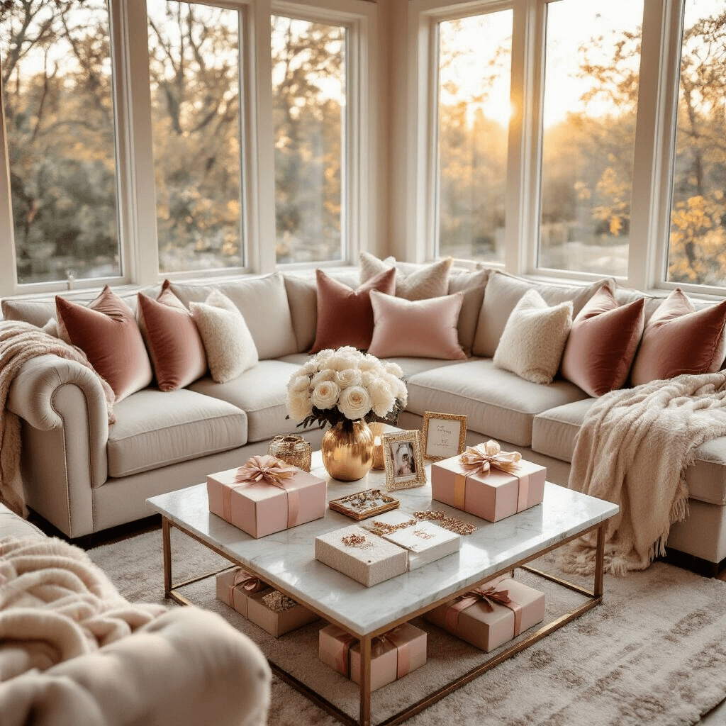 Intimate birthday celebration in a cozy living room with warm golden hour light, featuring a blush pink sectional sofa, marble coffee table with personalized gifts, handmade jewelry, fresh peonies, and elegant decor.