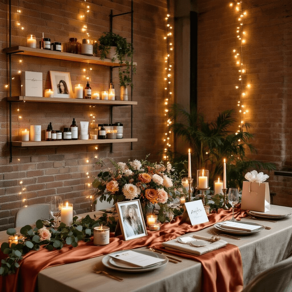 A modern apartment decorated for a birthday party, featuring a dining table with terracotta and sage silk linens, a DIY photo collage centerpiece, personalized place cards, and fresh eucalyptus garlands, all illuminated by soft ambient light from fairy lights on exposed brick walls.