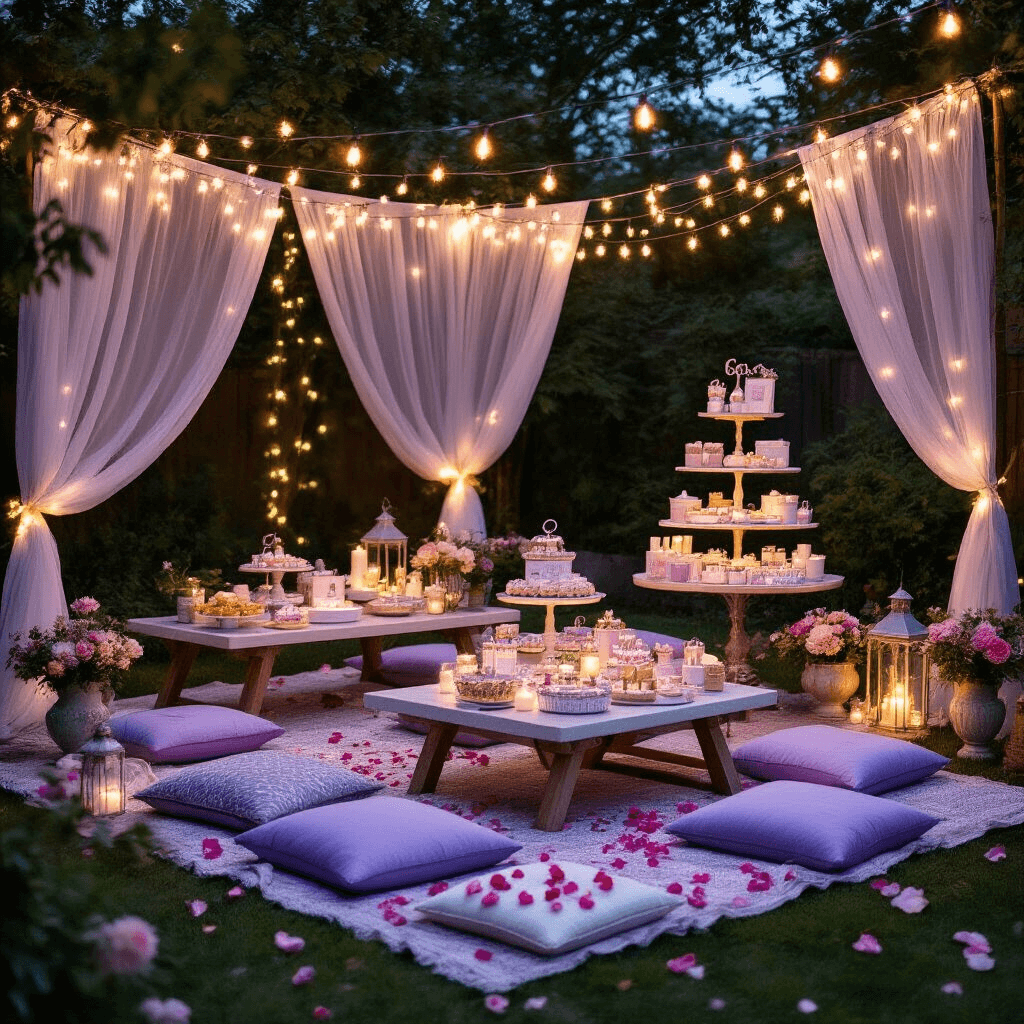 Stylish backyard birthday setup featuring low picnic tables with lavender and silver floor cushions, string lights, a dessert cart with custom treats, self-care gift sets, sheer drapery, marble cake stands with personalized items, fresh florals, scattered rose petals, and vintage lanterns, all creating a cozy evening ambiance.
