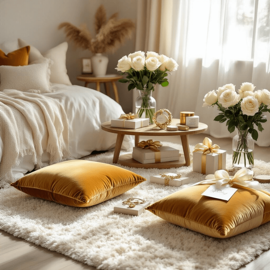 Cozy bedroom corner with velvet cushions, wooden table displaying gift vouchers and jewelry, fresh roses, silk ribbons, and sentimental notes, illuminated by soft morning light.