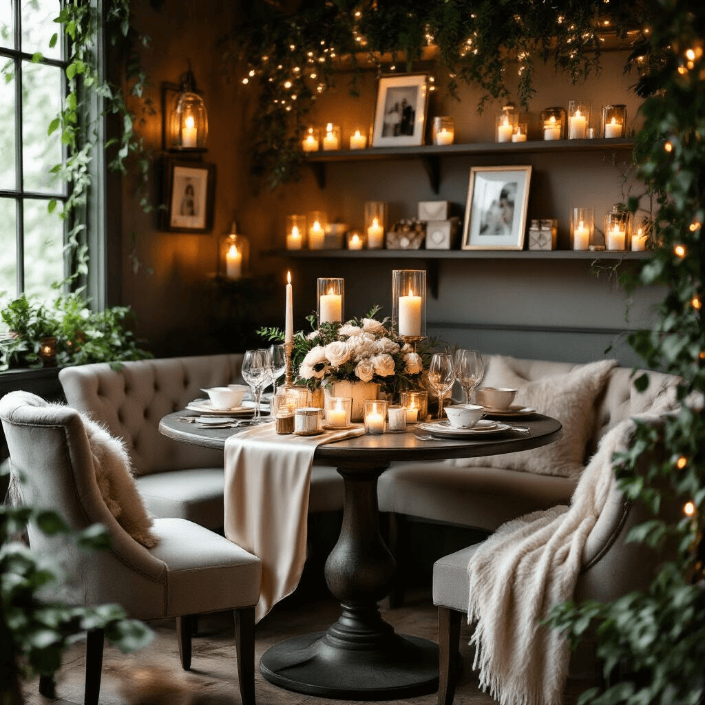 Intimate birthday dining nook with moody candlelit atmosphere, featuring a round pedestal table draped in silk, centerpiece of comfort gifts and beauty treats, upholstered chairs with cashmere throws, floating candles, custom photo displays, fairy lights, and fresh greenery.