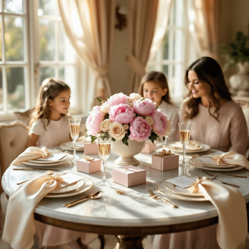 Elegant Mother's Day brunch setup featuring a round marble table with blush pink peonies and cream roses, personalized jewelry gift boxes, delicate china, silk napkins, crystal champagne flutes, and handwritten cards, all bathed in warm natural light.