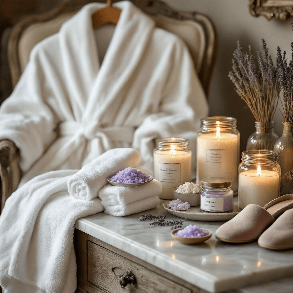 Luxurious spa gift display featuring plush white bathrobes on a vintage chair, aromatherapy candles casting a soft glow, lavender bath salts in mason jars, and silk eye masks and velvet slippers arranged on a marble countertop, complemented by a terracotta and sage color palette with dried eucalyptus.