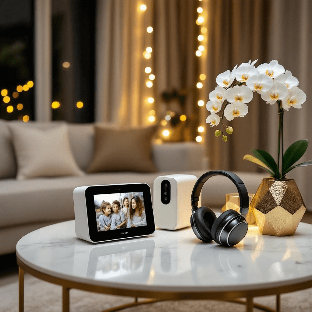 Modern apartment living room elegantly decorated for Mother's Day with a sleek coffee table displaying tech gifts like digital photo frames and wireless headphones, complemented by smart home devices, minimalist gold and ivory decor, fairy lights for ambiance, and geometric vases with white orchids.