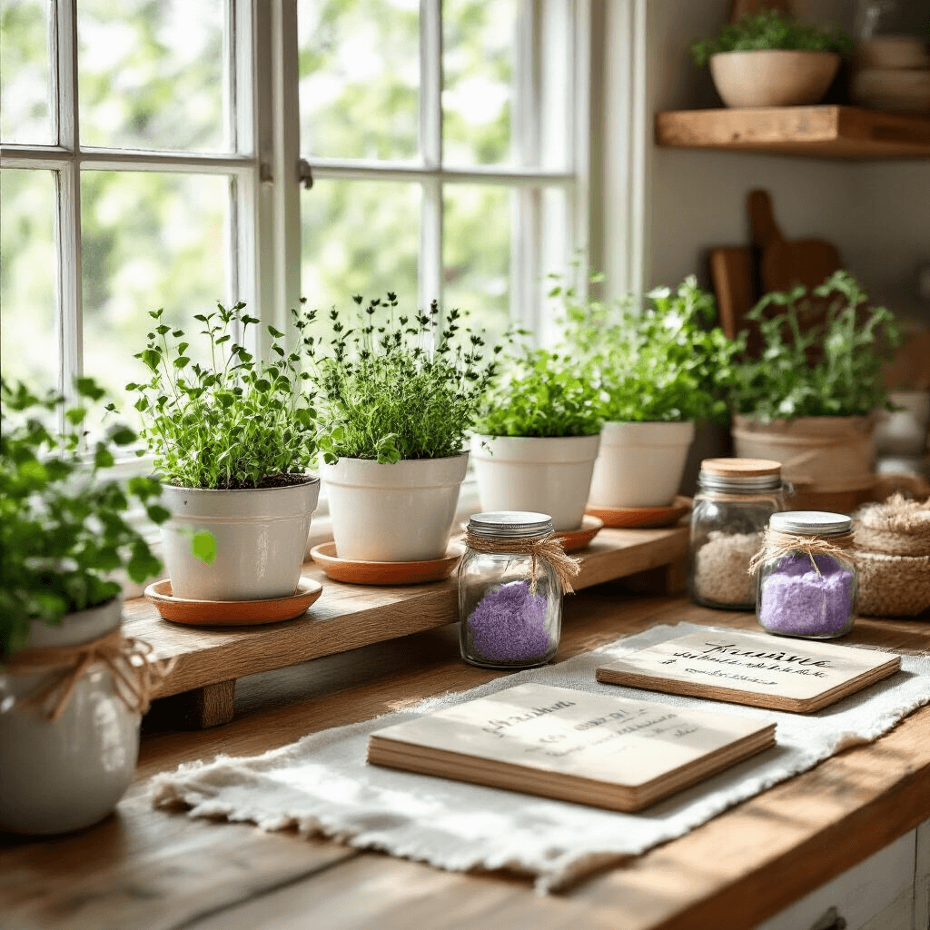 A cozy kitchen nook featuring hand-painted plant pots with fresh herbs on wooden shelves, personalized recipe books, custom photo coasters on a farmhouse table, and mason jars of homemade lavender bath salts tied with twine, all warmly lit by morning sunlight.