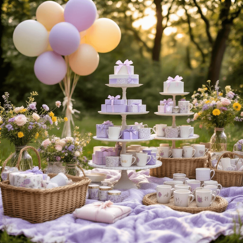 A whimsical garden party celebrating motherhood with a tiered cake stand showcasing diverse wrapped gifts, picnic blankets in lavender and silver, wicker baskets of personalized mugs and scented candles, wildflower centerpieces in vintage bottles, and pastel balloon clusters, all bathed in golden hour light filtering through trees.