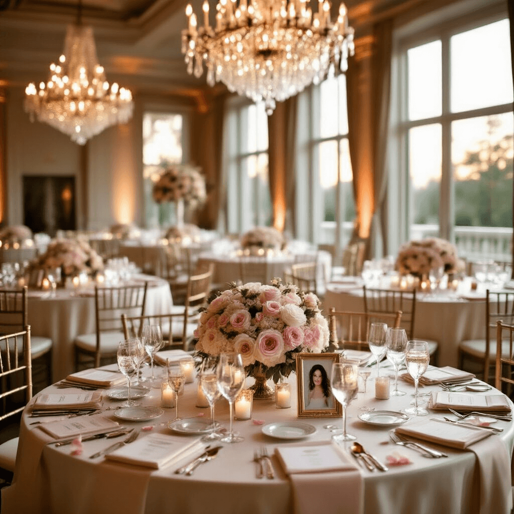 A romantic indoor wedding reception in an elegant ballroom, showcasing round tables with ivory silk linens and blush pink floral centerpieces, illuminated by golden hour light filtering through tall windows, with personalized keepsake displays, monogrammed wine glasses, and delicate rose petals scattered on marble surfaces.
