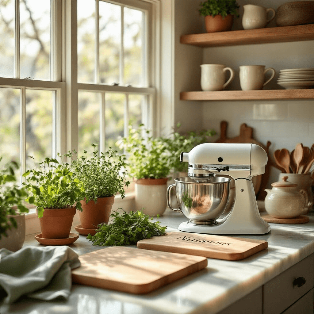 A cozy kitchen scene with soft morning sunlight, featuring a stand mixer, monogrammed cutting boards, fresh herbs in ceramic pots, sage green silk tea towels, terracotta pottery, rustic wood shelving with personalized mugs, and engraved utensils, all arranged beautifully on marble countertops.