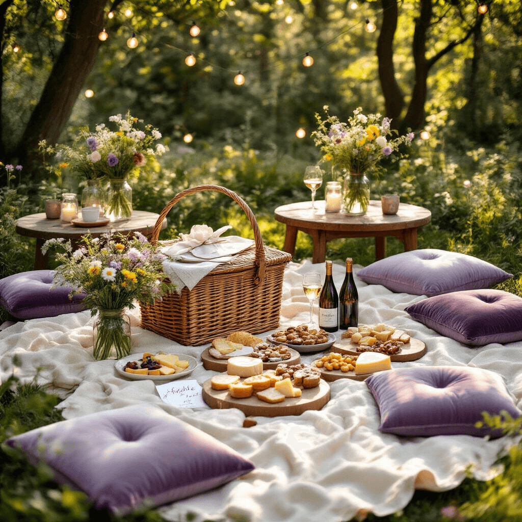 An overhead view of a romantic outdoor picnic setup in a sun-dappled garden, featuring a vintage wicker basket on a cream linen blanket with gourmet treats, low wooden tables surrounded by lavender and silver velvet floor cushions, fresh wildflowers in mason jars, twinkling fairy lights, personalized wine bottles, handwritten notes, and artisanal cheese boards.