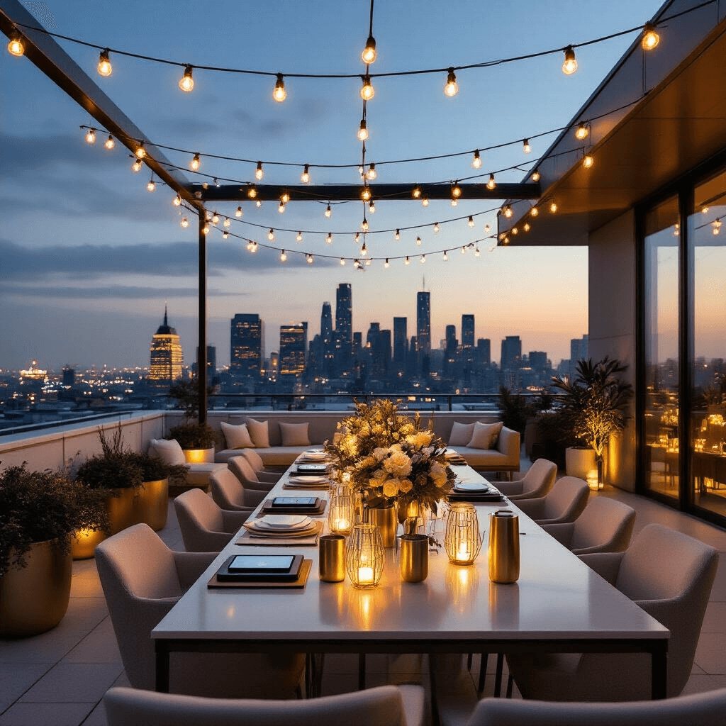 Modern rooftop terrace at twilight featuring sleek furniture, string lights, and a city skyline. Tables display high-tech wedding gifts and minimalist floral arrangements in geometric vases, with a gold and ivory color palette. Soft LED lighting highlights personalized tech accessories against a luxe minimal backdrop.