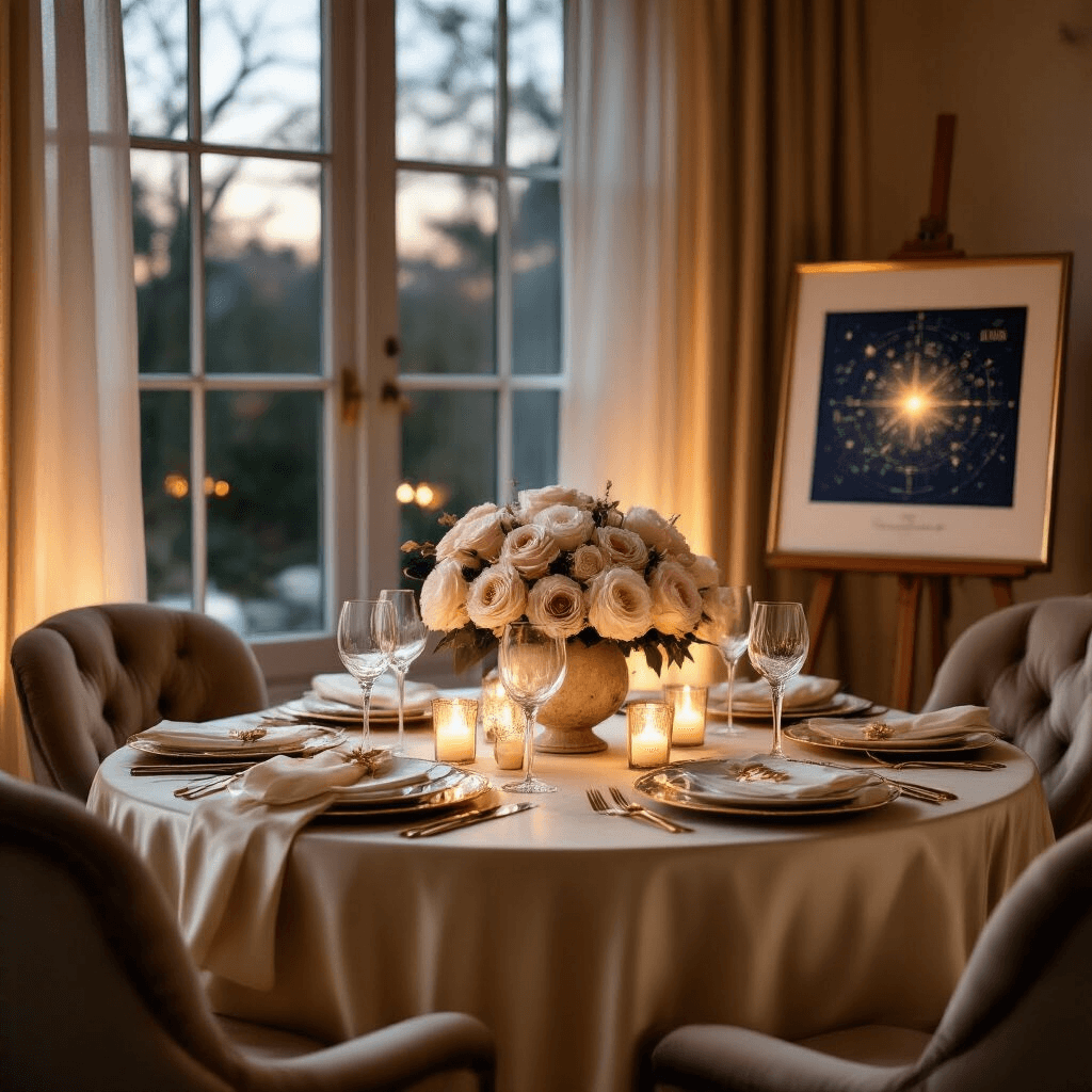 Intimate candlelit anniversary dinner in a cozy living room, featuring a round table with cream silk linen, elegant place settings, a blush rose and white peony centerpiece, and warm amber candlelight casting romantic shadows.