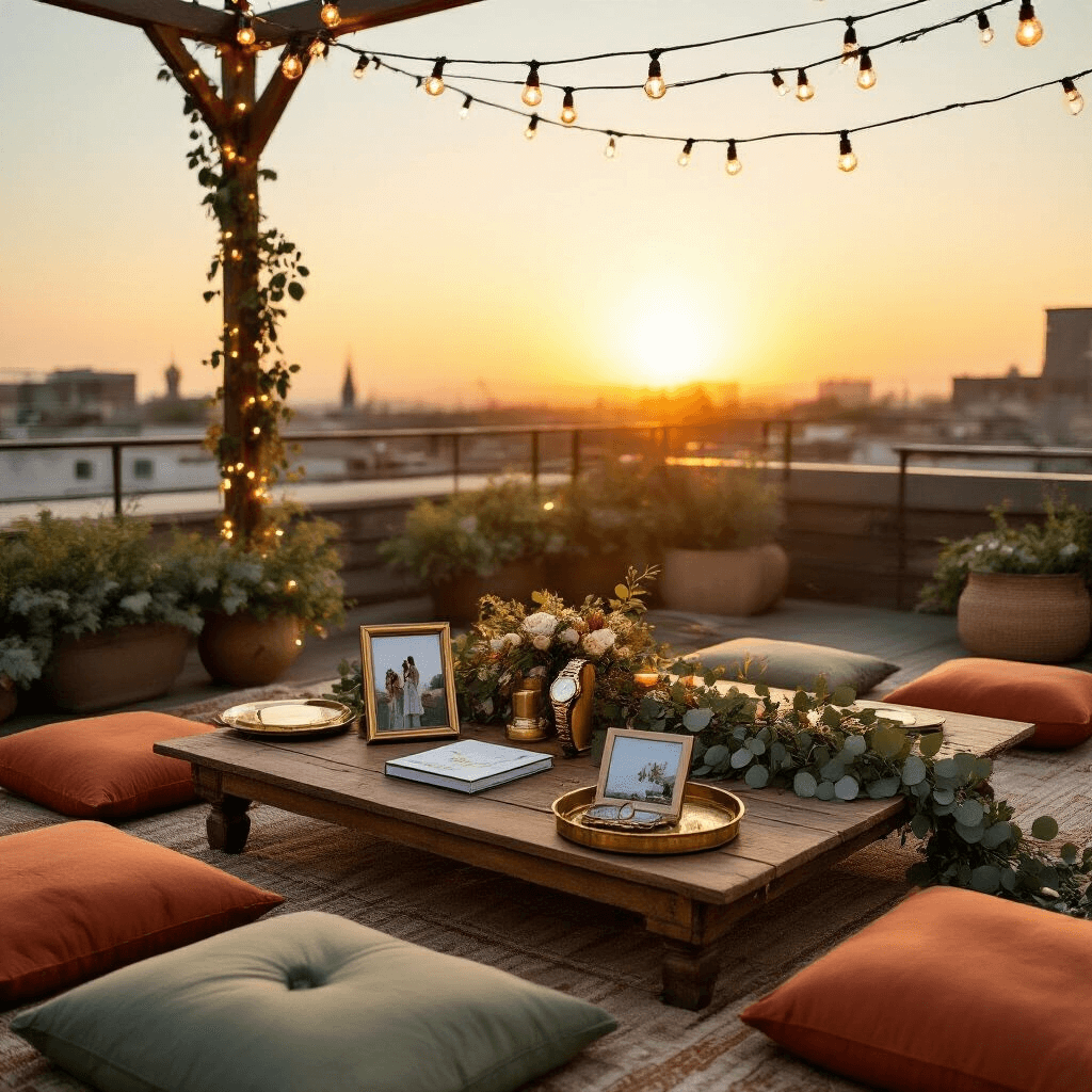 An elegant rooftop terrace set for an anniversary celebration, featuring a low wooden table with terracotta and sage floor cushions, personalized photo books and engraved watches on vintage brass trays, warm fairy lights overhead, and fresh eucalyptus garlands, all illuminated by soft sunset lighting in honey-gold hues.