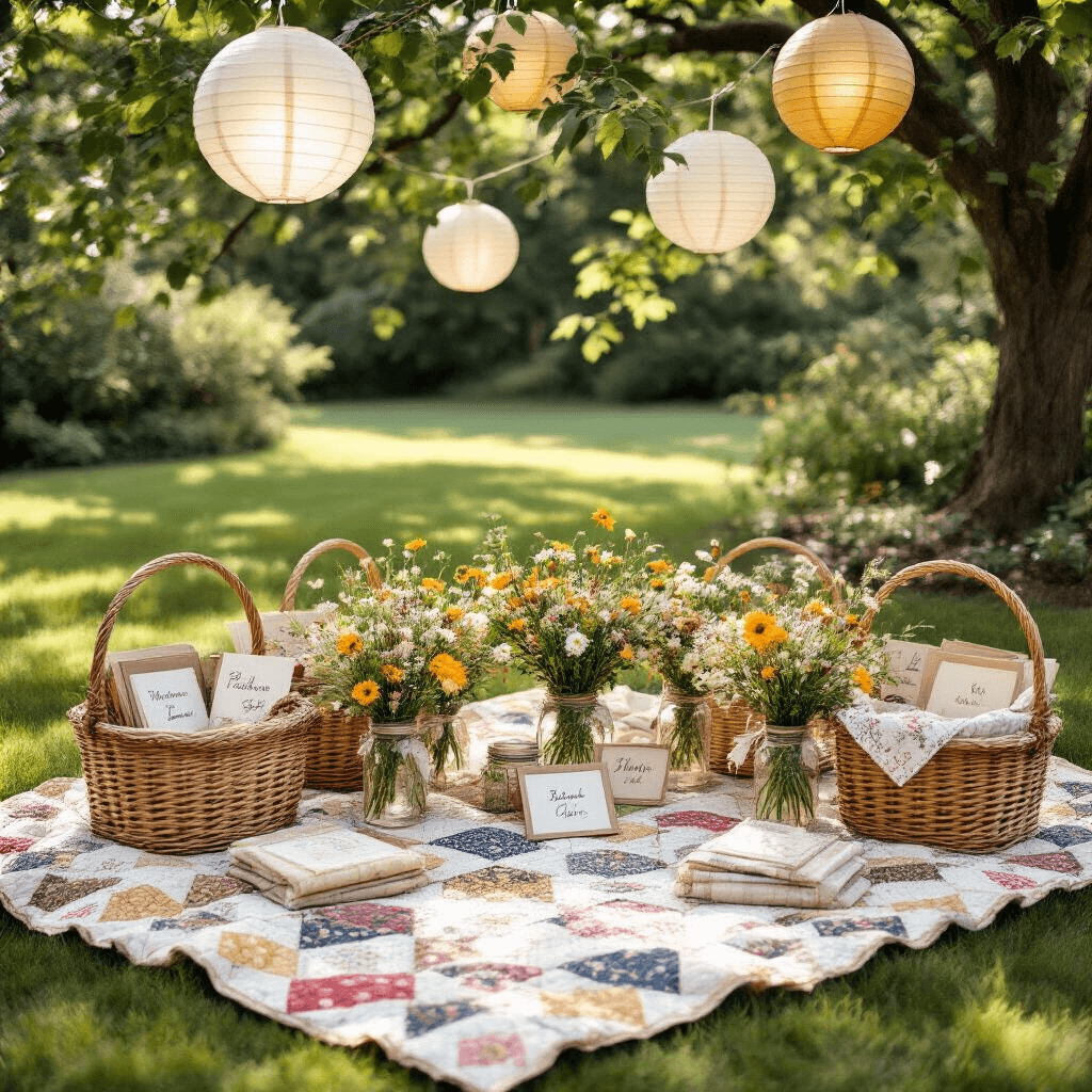 A whimsical garden anniversary party featuring picnic-style arrangements on a manicured lawn, with vintage quilts, wicker baskets filled with memory jars, and handwritten letters. Paper lanterns in ivory and gold hang from tree branches, while fresh wildflower centerpieces in mason jars adorn the space. Soft morning light casts dappled shadows through the leaves, and DIY custom playlist cards are artfully scattered, all captured from an overhead flat lay perspective.