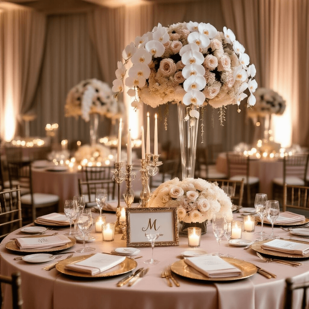 Luxurious ballroom styled for an anniversary celebration, featuring blush pink table linens, gold charger plates, tall crystal candelabras, ambient fairy lights, personalized leather accessories on marble pedestals, cream silk drapery, fresh white orchids and roses, and warm candlelight.