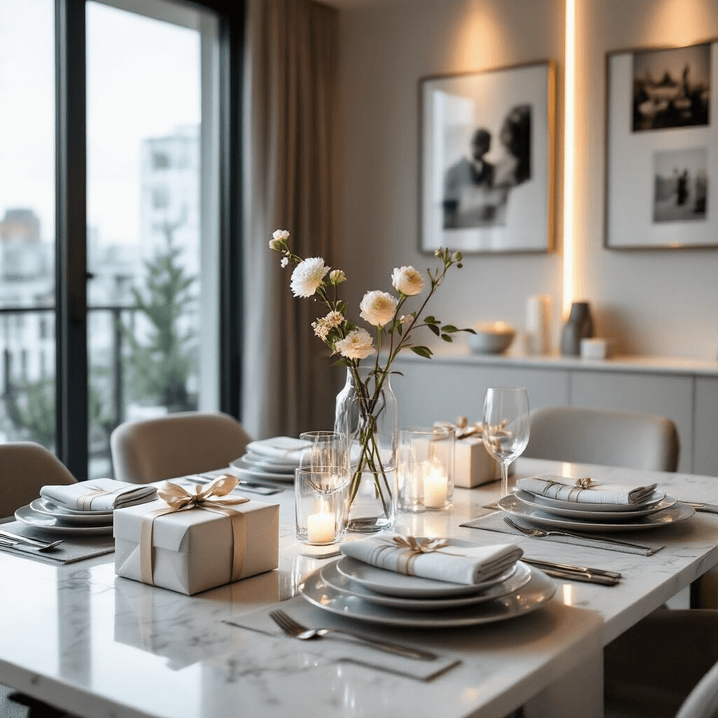 Modern apartment anniversary dinner setup featuring a sleek dining table with silver and white place settings, geometric glass vases with single-stem flowers, and custom photo collages on gallery walls, all illuminated by soft LED lighting and natural sunlight from large windows.