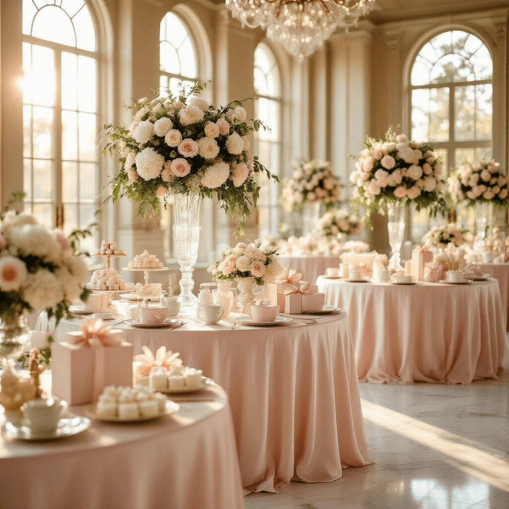 A beautifully decorated indoor ballroom for a baby shower, featuring round tables with blush pink silk linens, floral centerpieces of white peonies and eucalyptus, and soft sunlight illuminating the marble floors.