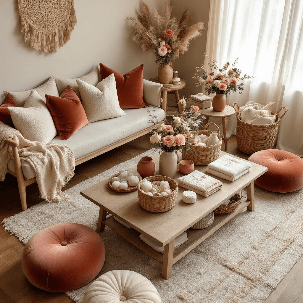 Overhead view of a cozy living room baby shower setup featuring a low wooden coffee table, velvet blush and cream cushions on hardwood floors, terracotta and sage color palette, handcrafted ceramics, personalized milestone blankets, layered textiles, DIY gift baskets filled with baby essentials, fresh florals in mason jars, and custom memory books, all illuminated by soft morning light.
